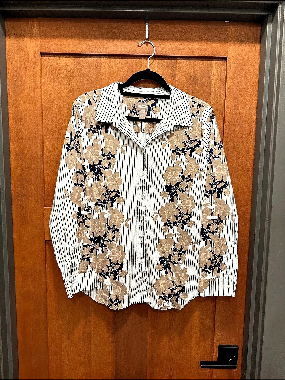 Chico's Floral Stripe Blouse in White & Brown Size 3